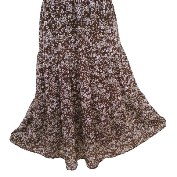 Vintage 90s Flower&Feather Prairie Dress -L Floral Tiered Ruffles Keyhole Brown - Picture 5 of 11